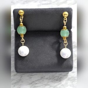 Artisan-Crafted Gold Tone and Aventurine Dangle Post WGlass White Bead Earrings